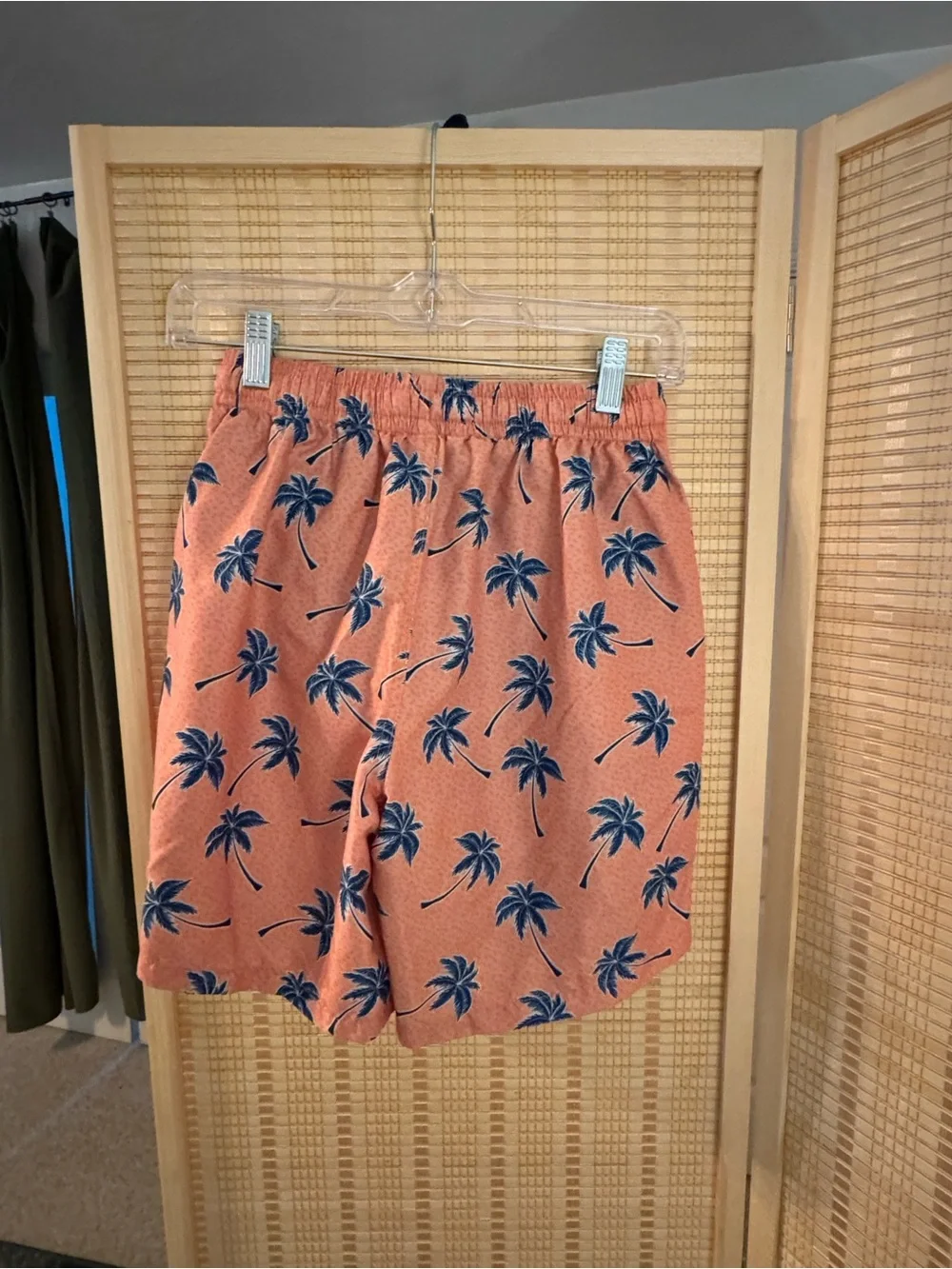 Amazon Kids Coral Swim Trunks with Navy Palm Print